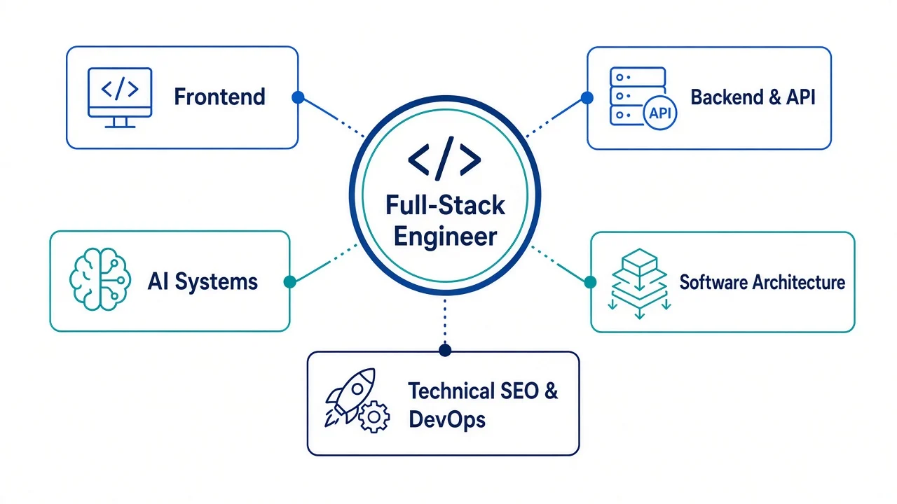 نقشه مهارت‌های مهندس Full-Stack شامل فرانت‌اند، بک‌اند و API، سیستم‌های هوش مصنوعی، معماری نرم‌افزار و سئو فنی و DevOps